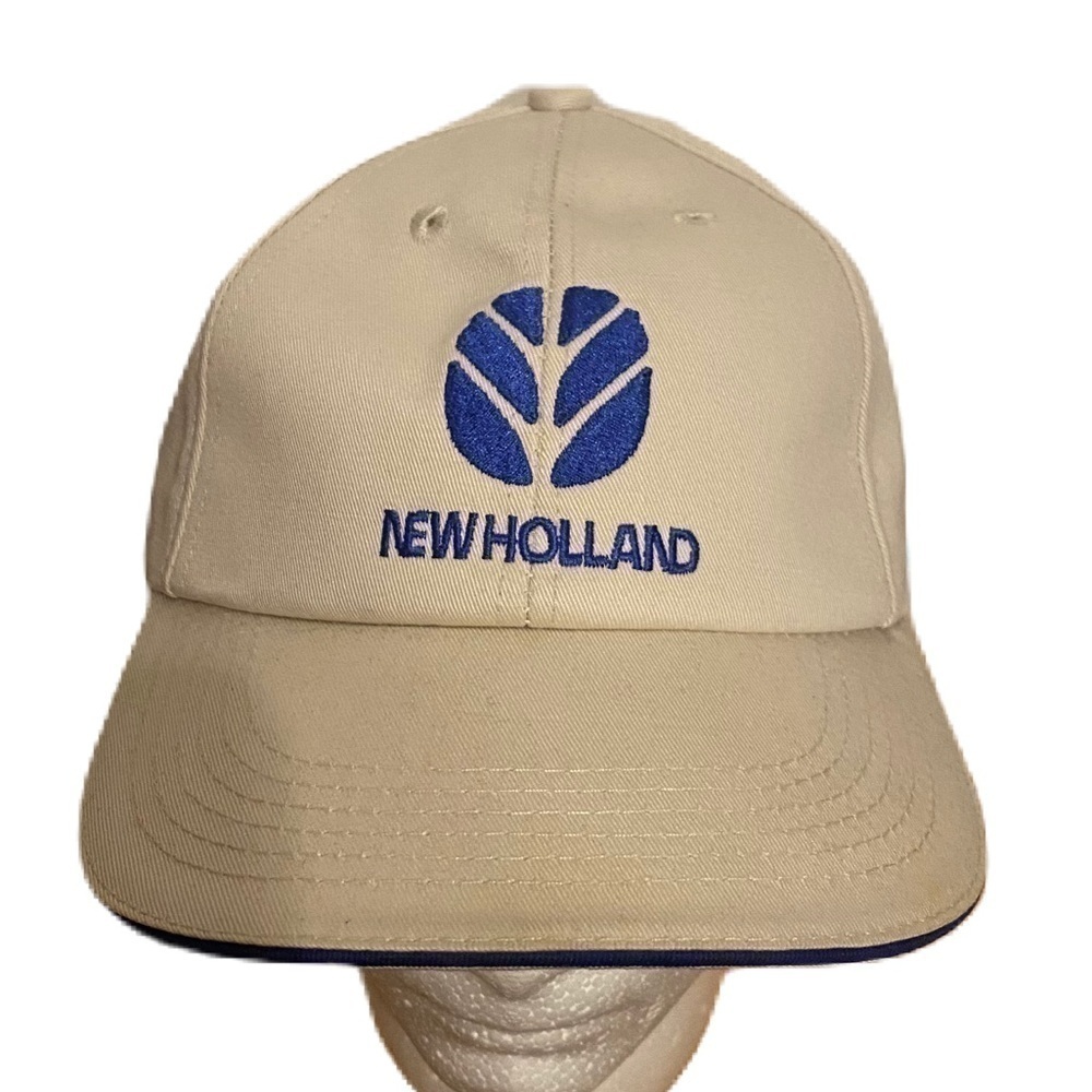 Vintage K Products New Holland Strapback Hat Tan Blue Flag Made in USA